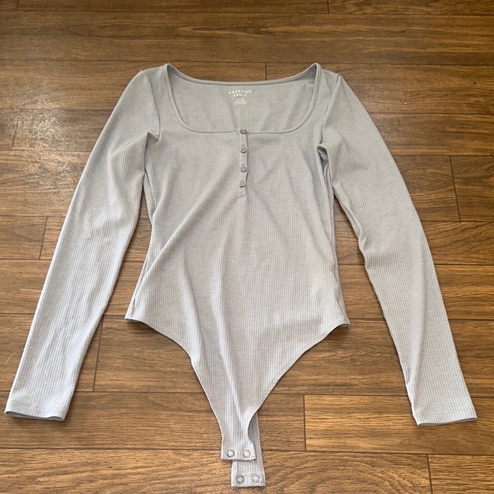 Gray Long Sleeve Ribbed Bodysuit